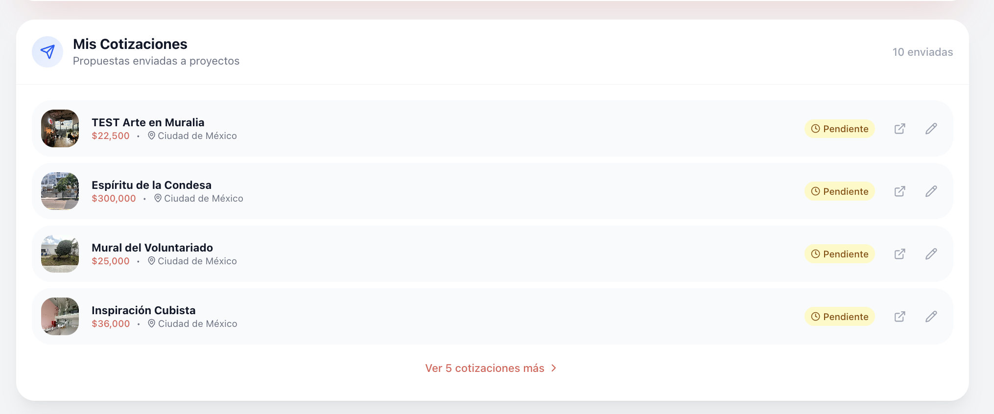 Historial de cotizaciones con estados, montos y fechas