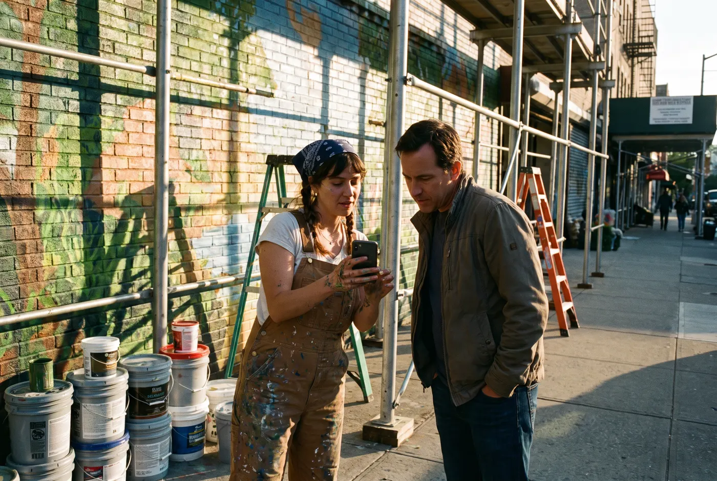 Muralist showing their payment link to a client in front of a mural in progress