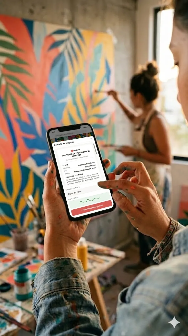 Firma a dedo sobre la pantalla del teléfono, contrato del proyecto