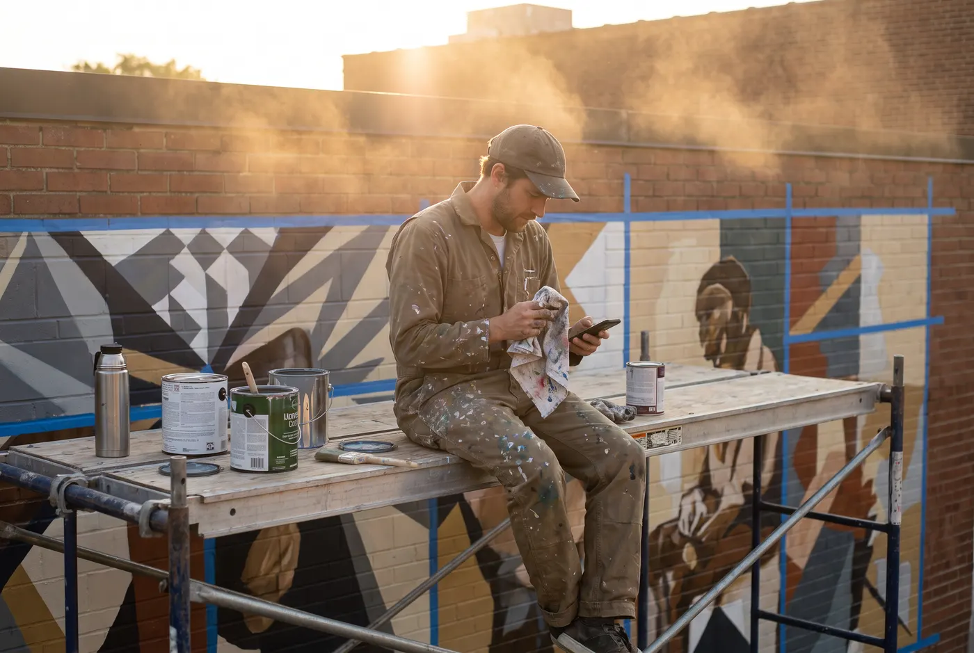 Muralist on a ladder in front of their mural reading a payment notification