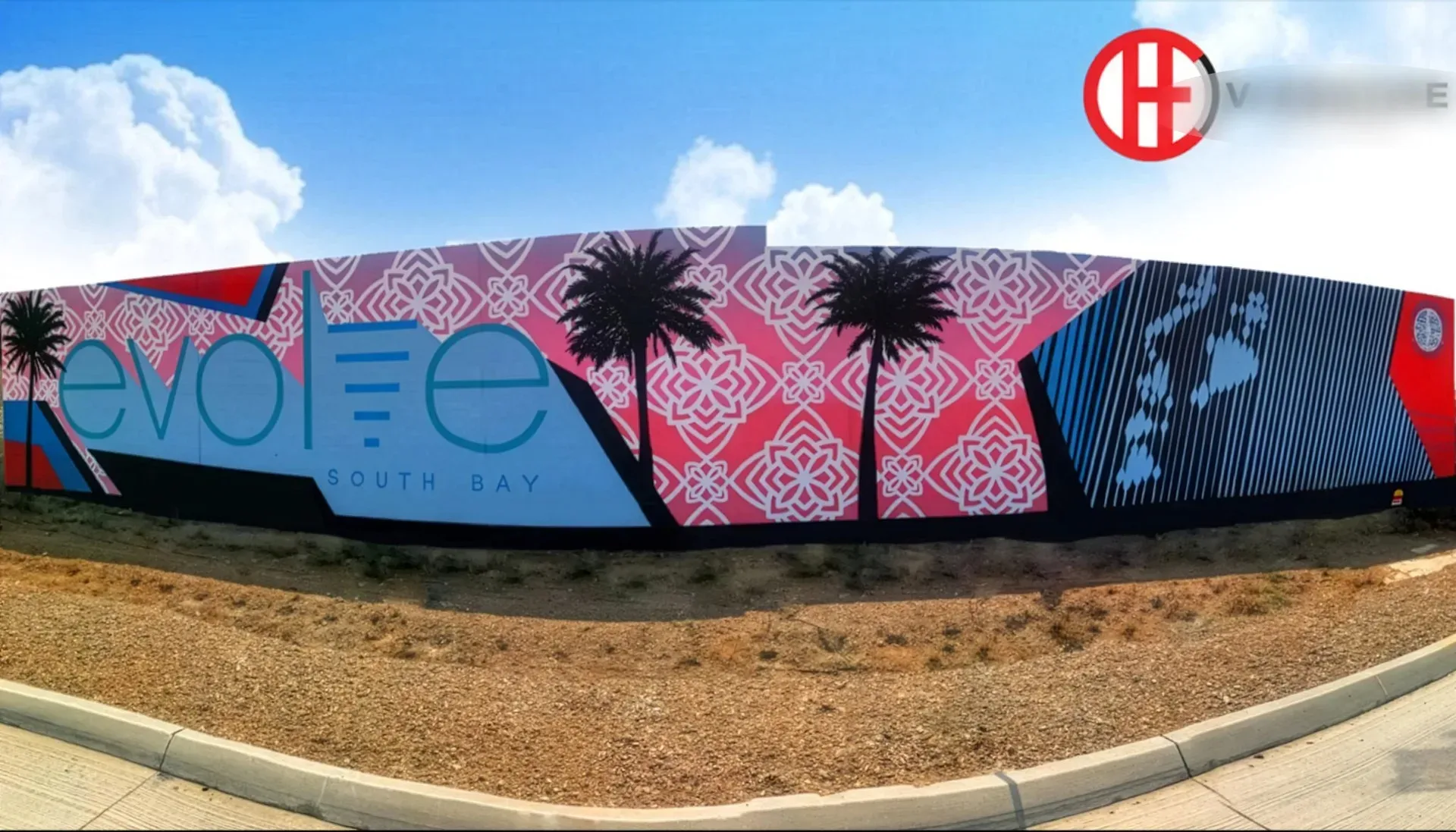 Cali Love. Un mural vibrante que combina palmeras y patrones geometricos en un estilo moderno. La figura humana añade un toque de misterio a la compos