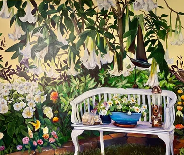 Garden wall mural with angel trumpet flowers