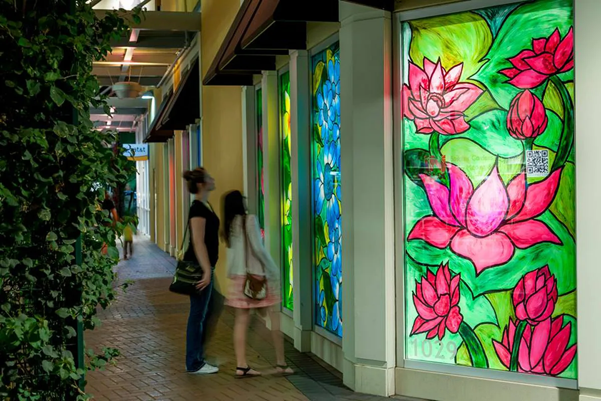 Series of glowing window panels painted with fluorescent pla