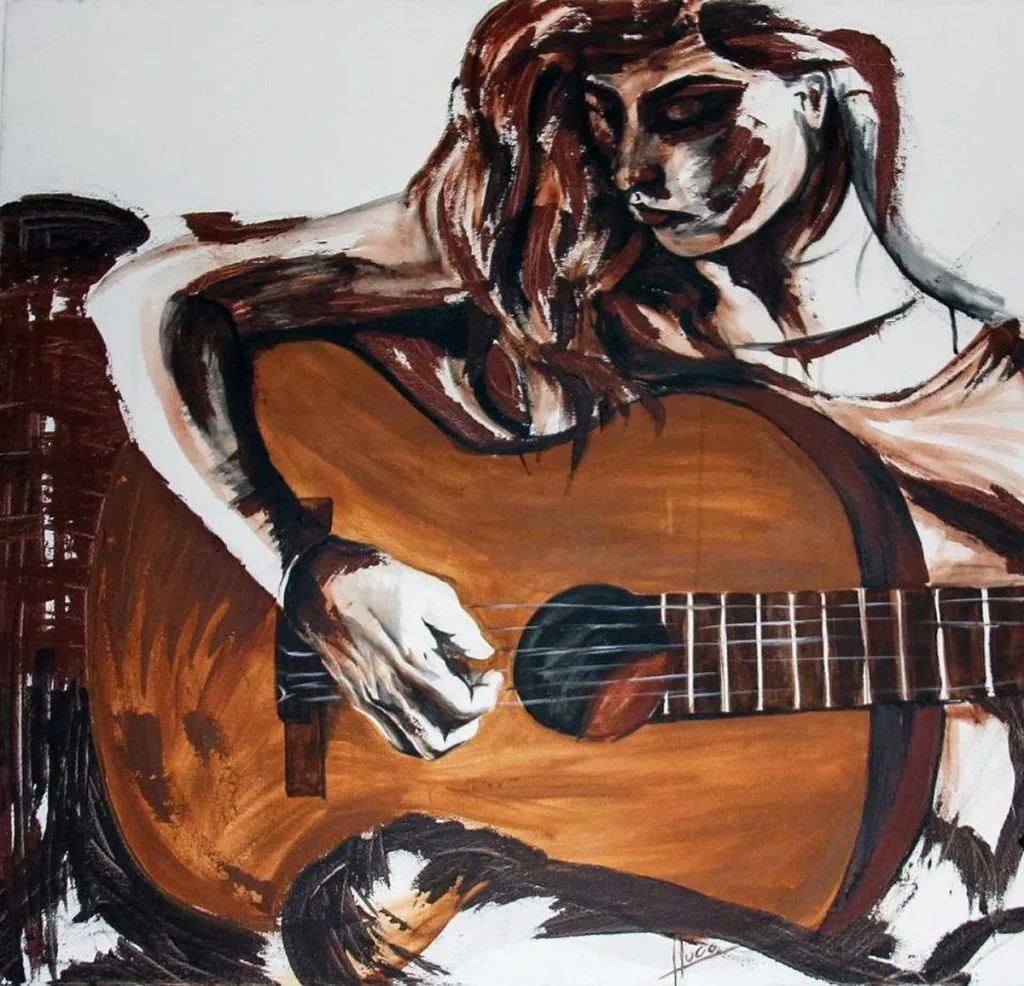 Woman playing guitar in expressive black, white, and brown t