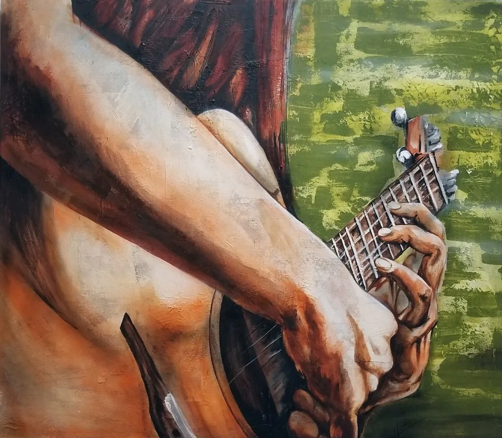 Close-up of hands playing guitar against textured green back