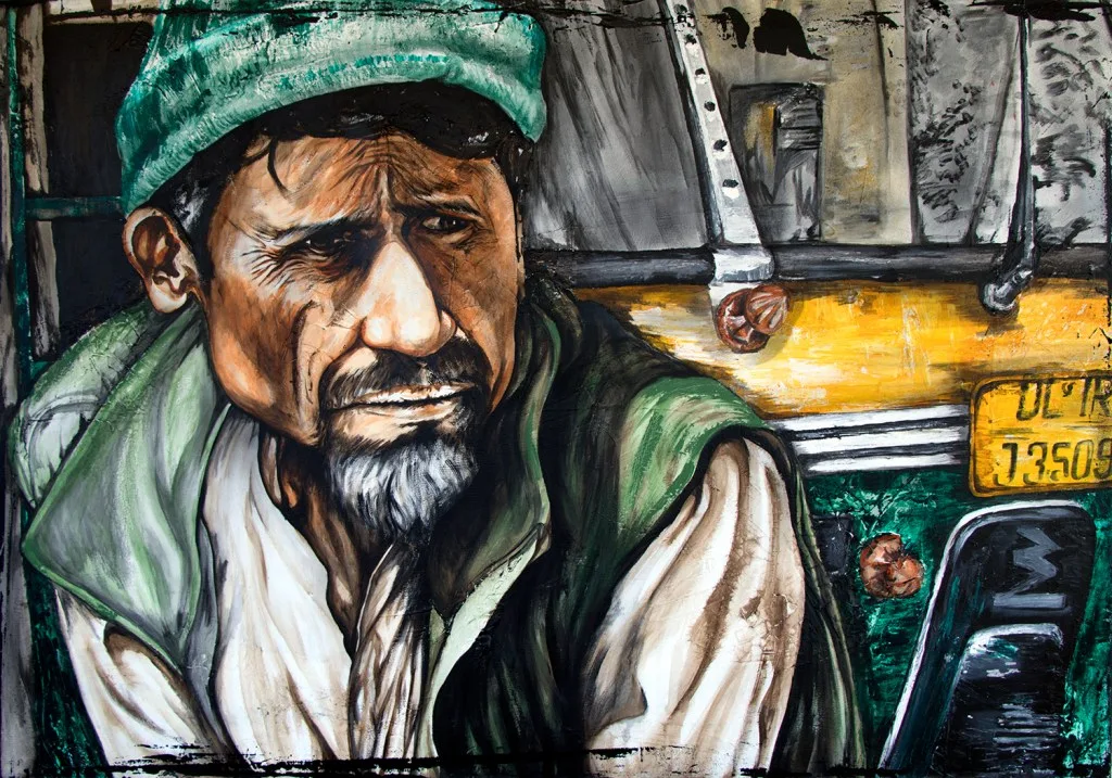 Portrait of a rickshaw driver wearing a hat, with detailed f