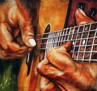 Close-up of hands plucking and fretting an acoustic guitar w de Hugo