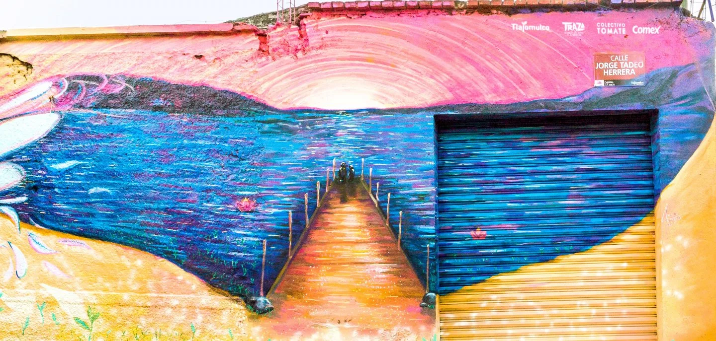 Mural del malecón de Tlajomulco, hecho con aerosol y pintura vinílica