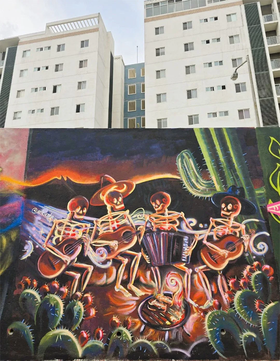 Mural "Una carnita asada de ultratumba", hecho con aerosol y pintura vinílica